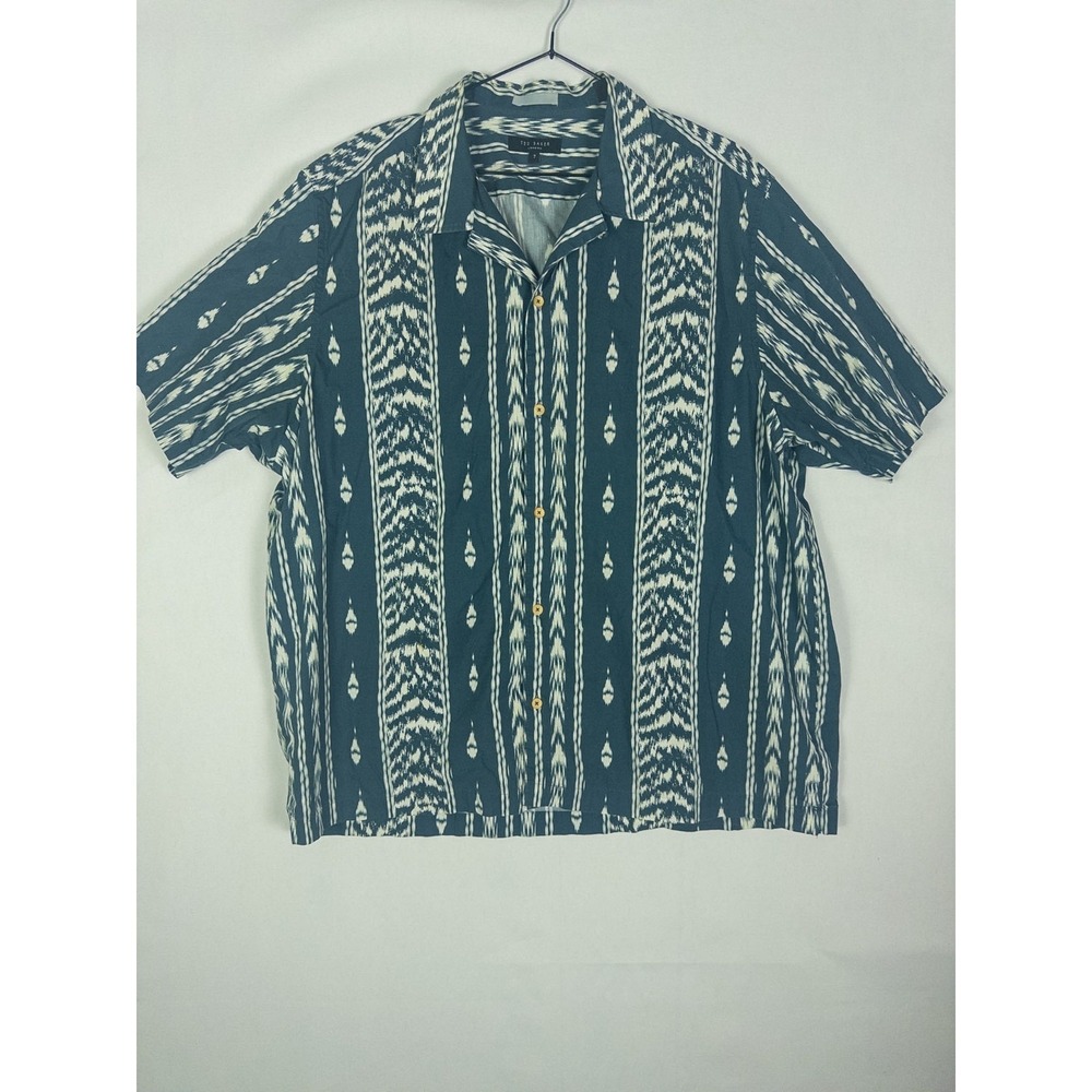 Ted Baker London Teal Ikat Print Camp Collar Shirt Short Sleeve Viscose Mens 7